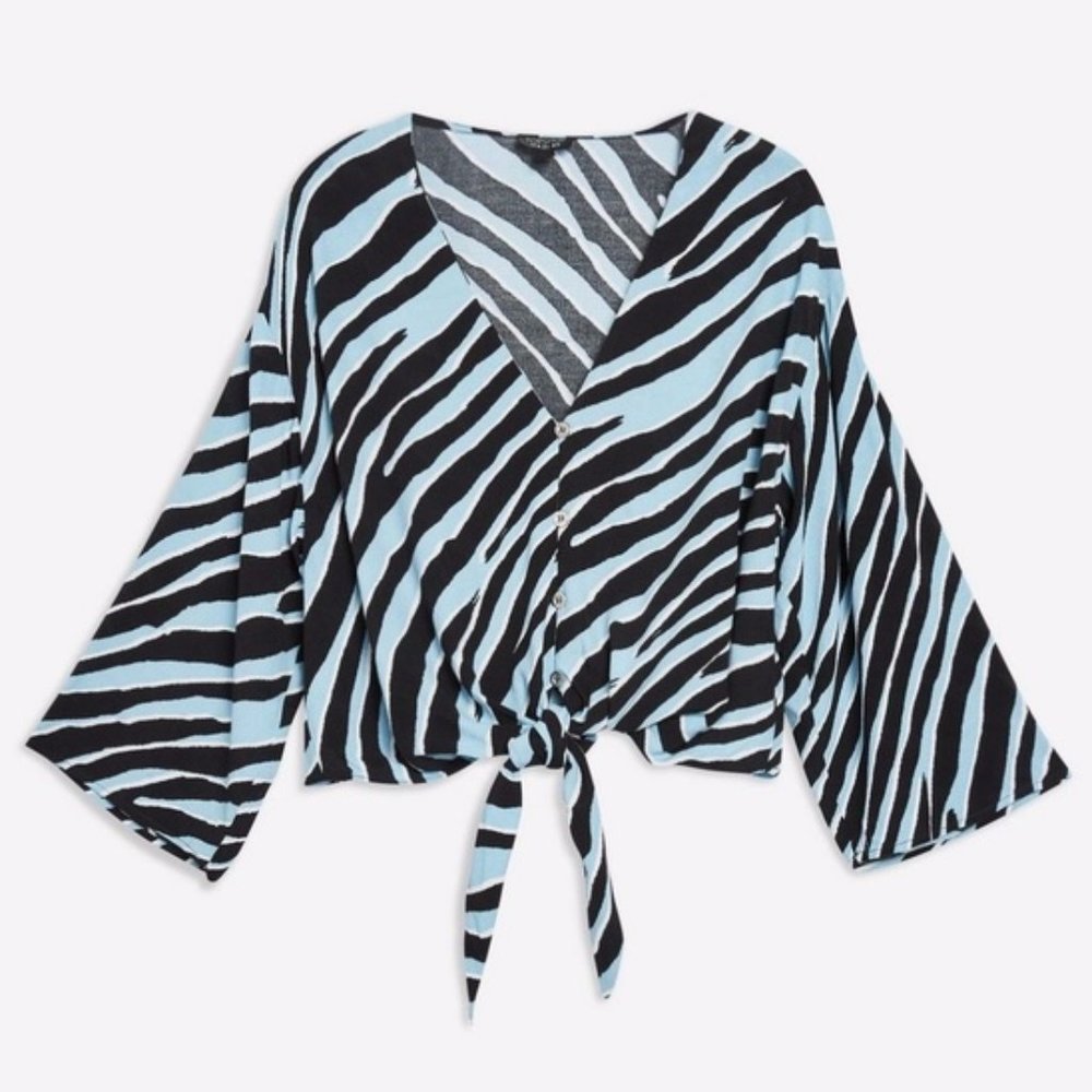 Topshop Zebra Print Tie Front Blouse 3/4 Sleeves Animal Print V-Neck Size 8 - Picture 2 of 9